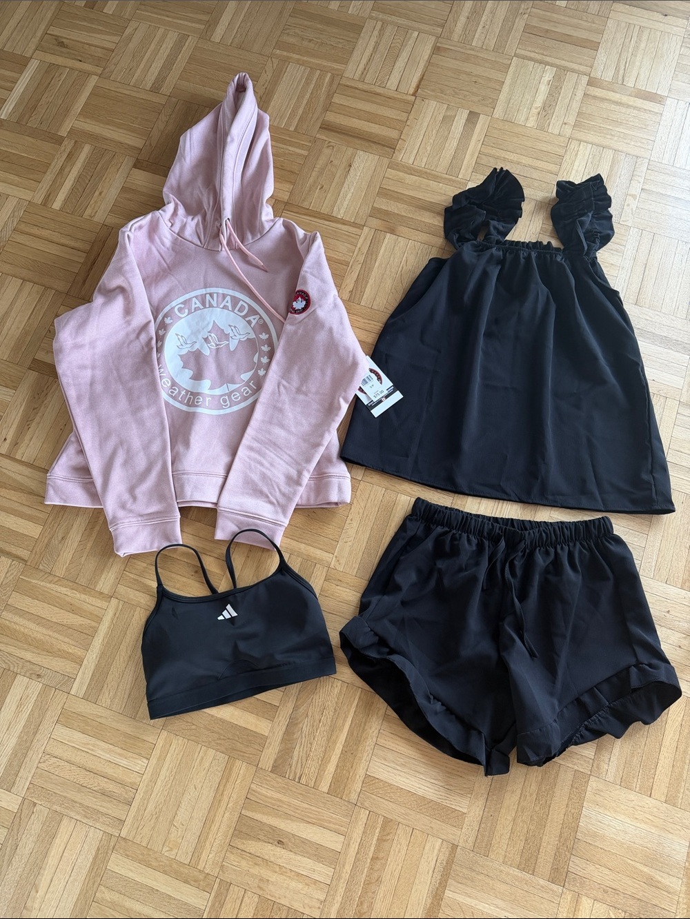 Pink Hoodie with Black Adidas Sports Bra and Cute Black Summer Set
